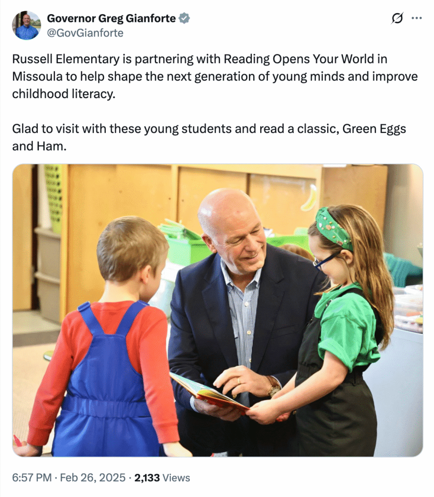 Governor Greg Gianforte reading with students at Russell Elementary