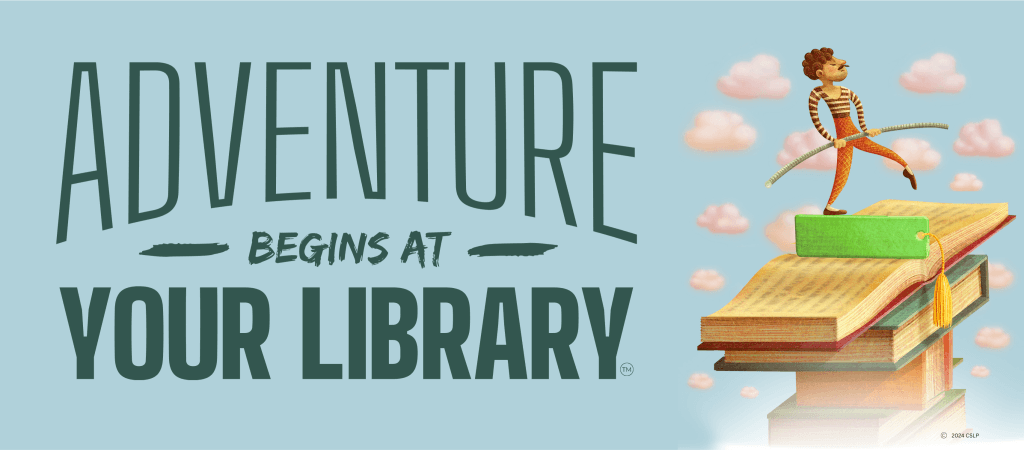 Adventure Begins at Your Library artwork with a reader walking across stacked books.