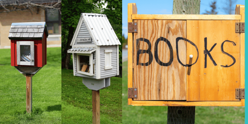 Three little libraries in red, white and natural wood.